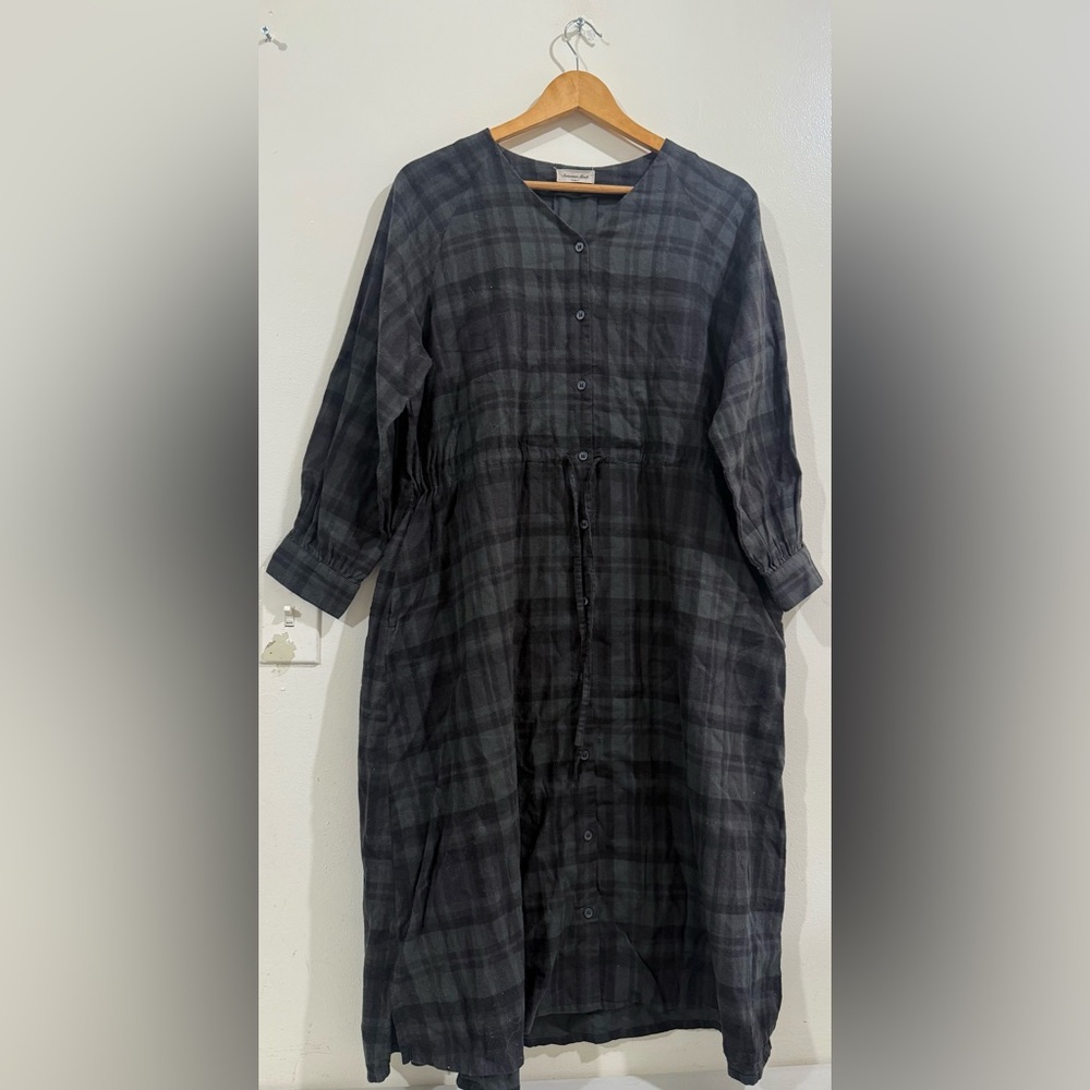 Samansa Mos2 Plaid Button-Front Long Sleeve Midi Dress in Black